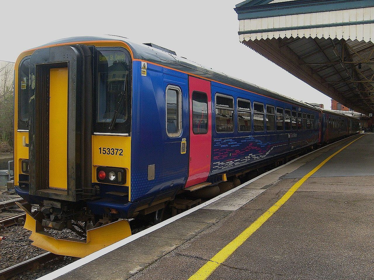 Class 153 units 153372 and 153373 at Exeter St. Davids which reflects 374s condition during the same time period prior to a TOC Transfer